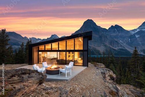 Modern Cabin With Outdoor Seating and Fire Pit Overlooking Mountains at Sunset
