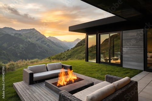 Modern Cabin With Outdoor Seating and Fire Pit Overlooking Mountains at Sunset