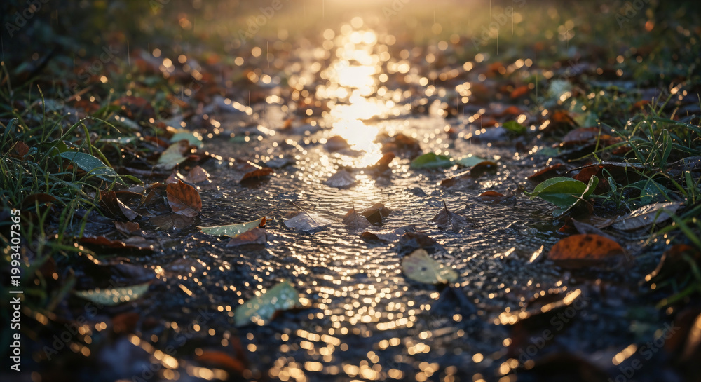 Fototapeta premium Wet Autumn Path with Glistening Leaves Golden Rain Sparkles