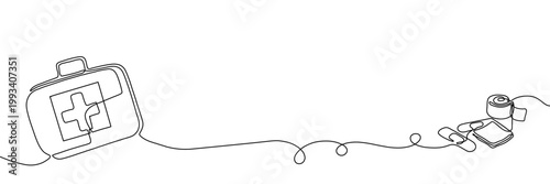 Continuous one line first aid kit emergency medical pharmacy health. First emergency aid kit bag doctor medicine art care white isolated case box hospital tool drawing paramedic background instrument.