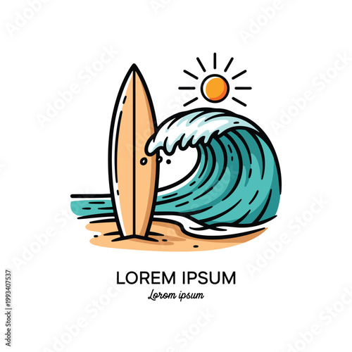 Surfboard standing on sandy beach with breaking ocean wave and sun illustration.