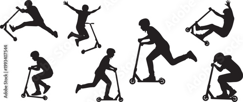 Collection of silhouettes of people performing tricks on scooters with black and white, silhouette