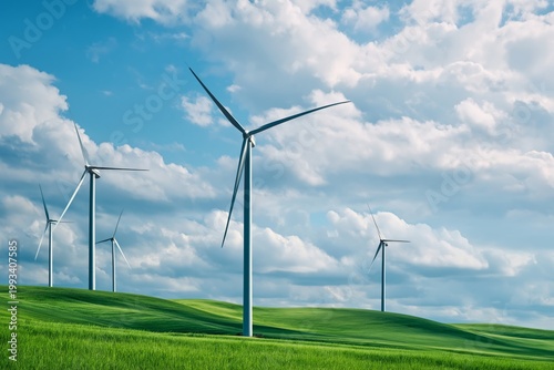 Wind Turbines Stand Tall in Green Fields Under a Blue Sky With Clouds on a Su...