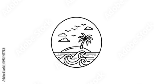 A minimalist line drawing of a tropical island.