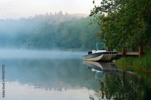 Morning Mist Covers the Lake as a Small Boat Rests Near the Dock in Early Light