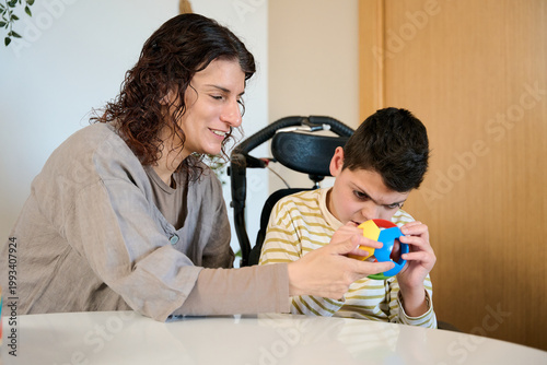 Boy with cerebral palsy learning motor skills