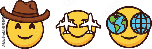 A whimsical collection of three colorful cartoonish face emojis with unique accessories and expressions creating a playful scene