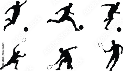 Set of sports player silhouettes including soccer, and badminton athletes in dynamic action poses