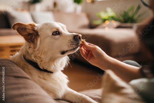 Dog Waits for Treat From Owner in Living Room During Evening Time