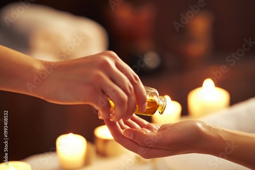 Hands Pouring Oil Into Another Hand With Candles in a Spa Setting During Even...