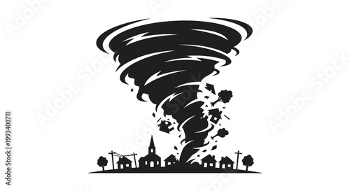 A destructive tornado sweeps over a small town black silhouette