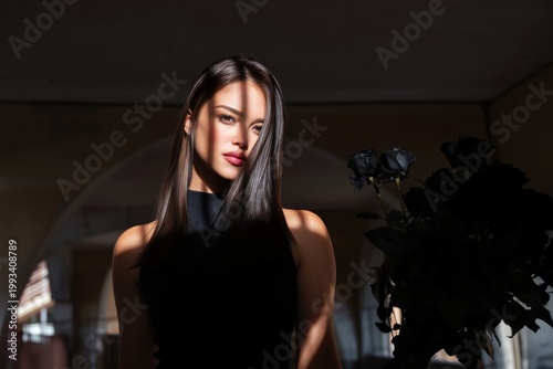 Young Woman Holds Black Roses in Sunlight With Shadows Across Her Face in Ind...