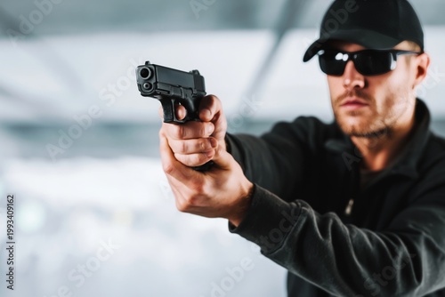 Man Practices Shooting at Indoor Range While Wearing Safety Gear and Aiming a...
