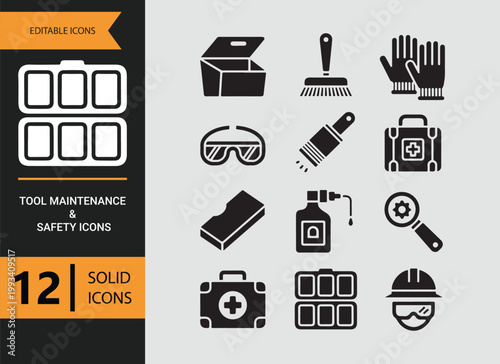 Equipment maintenance safety tools solid icons repair protection symbols