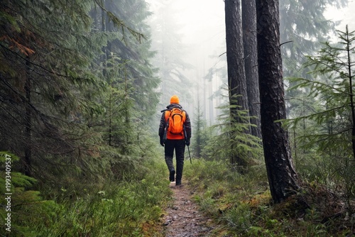 Hiker With an Orange Backpack Walking on a Misty Trail in a Dense Forest Duri...