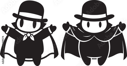 Chibi style cartoon vampires in top hats and capes with black and white bow tie character design halloween character illustration silhouette celebration miniature childlike adorable