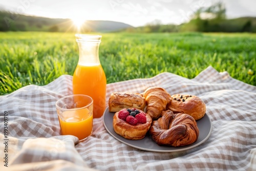 Morning Picnic With Pastries and Juice on a Sunny Day in a Green Field