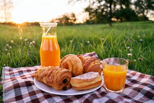 Morning Picnic With Pastries and Juice on a Sunny Day in a Green Field