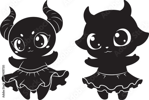 Two cute cartoon devils with horns and skirts large eyes black and white childlike innocent adorable character illustration stylized silhouette mythical creature whimsical creative