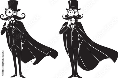 Two gentlemen with top hats monocles capes looking through magnifying glasses magnifying glass black and white old fashioned formal wear gentleman detective mustache whiskers illustration
