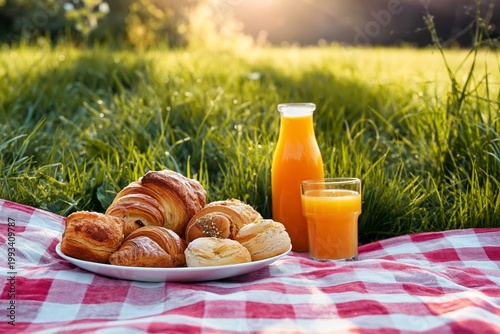 Enjoying a Picnic With Fresh Pastries and Orange Juice in a Green Field at Su...