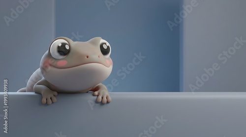 Cute white small dog peeking curiously over a blue barrier