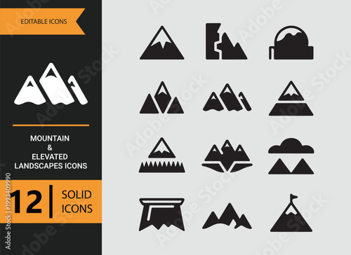 High altitude mountain landscapes solid icons scenic elevation views