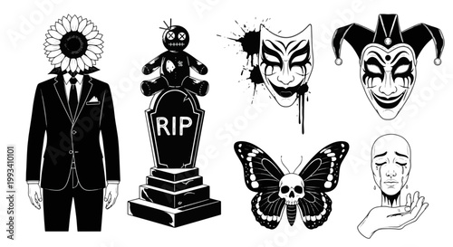 Gothic Tattoo Style Voodoo Doll Rip Tombstone Jester and Crying Face with Skull Butterfly Elements