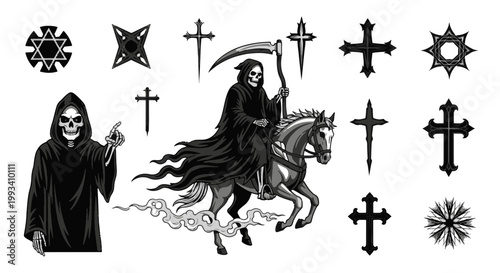 Obraz na plátne Grim Reaper on Horseback with Scythe and Gothic Tattoo Symbols and Crosses