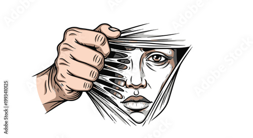 Hand Ripping Skin to Reveal Gothic Tattooed Face with Dark Eyes