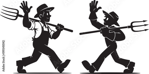 Two cartoon silhouettes of farmers with pitchforks black and white silhouette pitchfork overalls agriculture illustration countryside activity movement character
