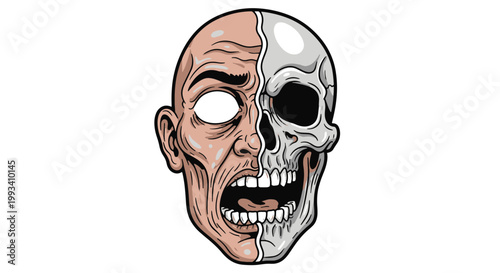 Horror Gothic Tattoo Design Half flesh Face Merging into a Skull with Open Mouth