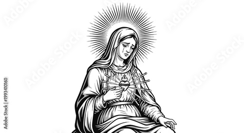 Bild auf Leinwand Immaculate Heart of Mary with Seven Swords Black and White Illustration Gothic T