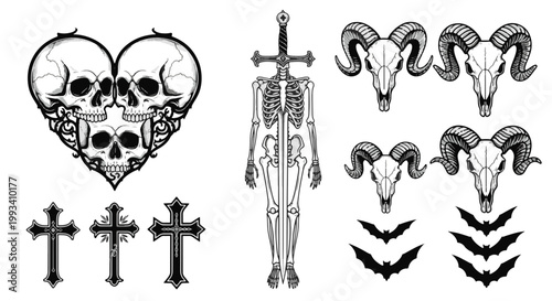 Intricate Gothic Tattoo Designs Skulls Rams Skeletons and Bats in Blackwork