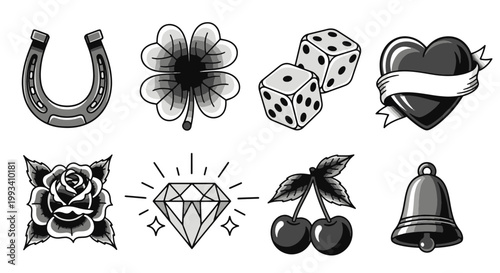 Bild auf Leinwand Lucky Symbols Collection Horseshoe Four leaf Clover Dice Heart with Ribbon Rose