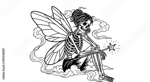 Melancholy Gothic Tattoo Skeleton Fairy with Star Wand and Wings Sitting Contemplatively