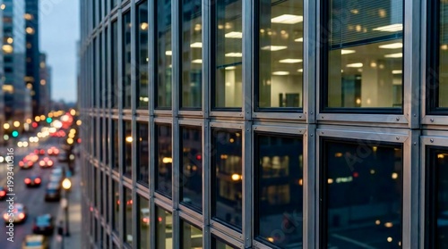 A cinematic macro shot of a glass and steel monolith at twilight. 