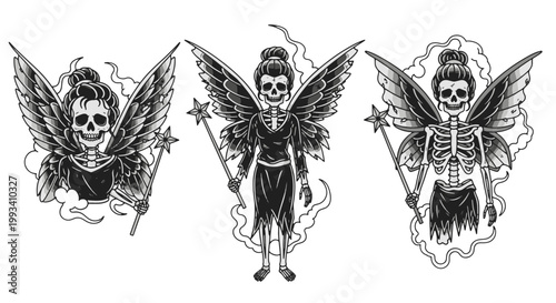 Set of Three Skeleton Fairies with Gothic Tattoo Style Wings and Wands
