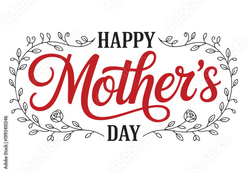 Elegant calligraphy happy mother's day greeting card with hand drawn floral line art border.