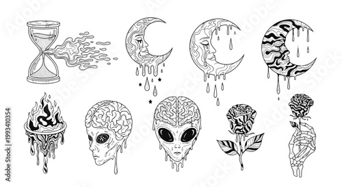 Surreal Melting Moon and Hourglass with Alien Head and Burning Flower Gothic Tattoo Art