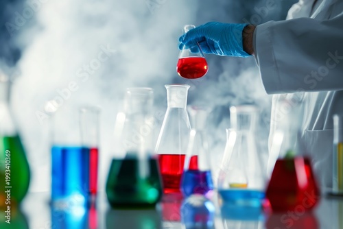 Scientist Conducts Experiment With Colored Liquids in Laboratory at Afternoon