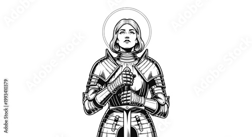 Young Female Warrior in Full Gothic Tattoo Armor with Sword Looking Up with Halo