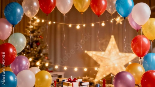 Cheerful party scene bursting with colorful balloons.