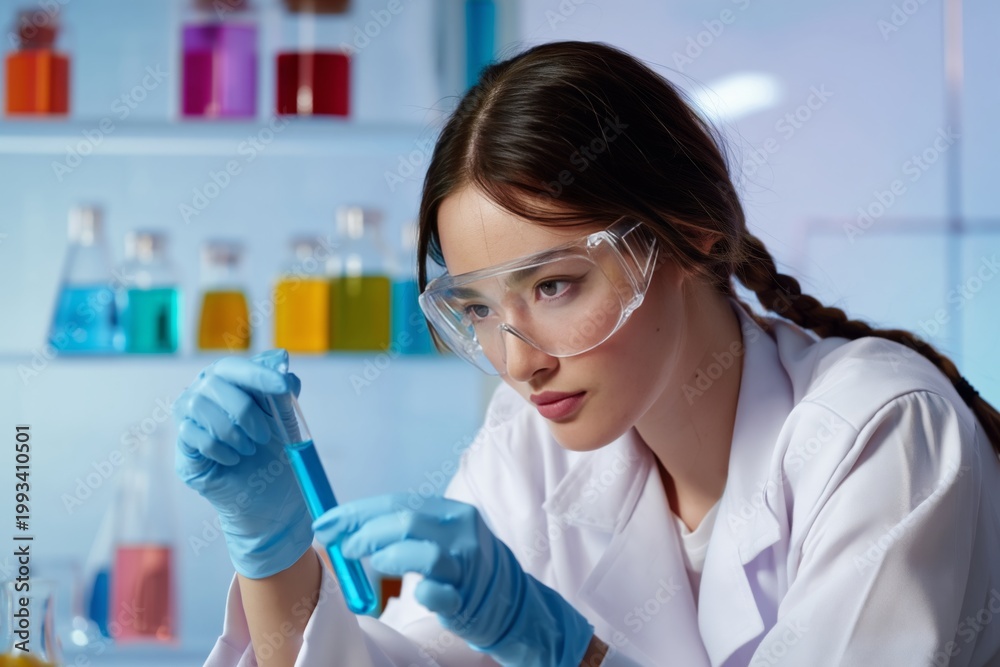 Fototapeta premium Young Scientist Examines Test Tube in Modern Laboratory During Research Experiment With Colored Liquids