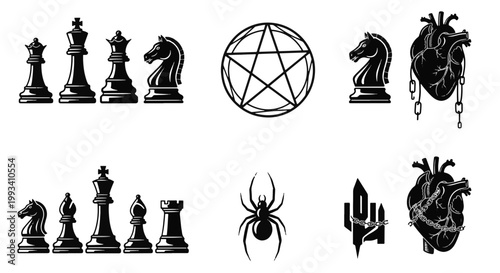 Collection of Gothic Tattoo Style Icons Featuring Chess Pieces a Pentagram a Spider and Anatomical Hearts