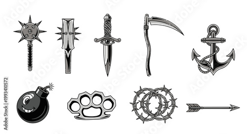 Collection of Gothic Tattoo Style Black and Grey Icons Mace Sword Anchor Bomb Brass Knuckles Scythe