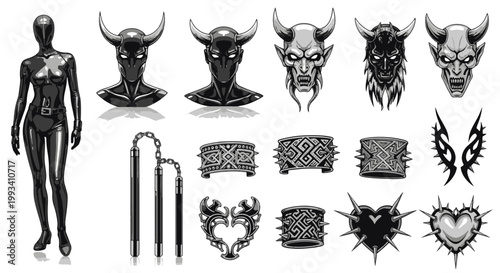 Dark Gothic Tattoo Designs Mannequin Demonic Helmets Spiked Bracelets and Heart Ornaments