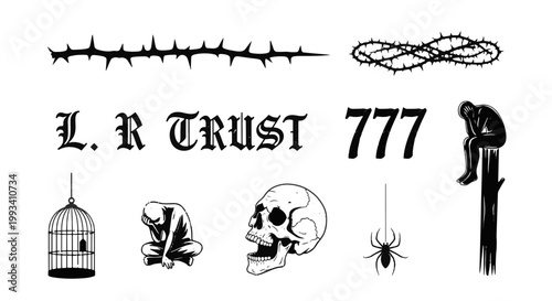 Dark Gothic Tattoo Style Collection Thorns Prisoner Spider Skull and Sad Figure Symbols