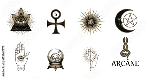 Esoteric Symbols and Mystical Icons Featuring All seeing Eye Ankh Sunburst Moon and Pentagram Crystal Ball Hands and Snakes in a Gothic Tattoo Style