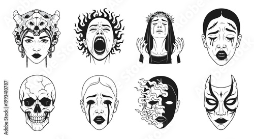 Diverse Set of Spooky Gothic Tattoo Style Faces and Skulls for Horror Themes